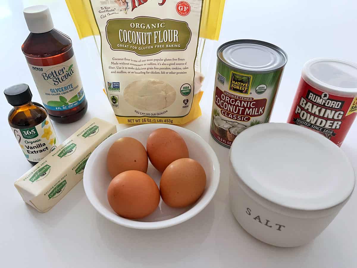 The ingredients needed to bake a coconut flour cake.