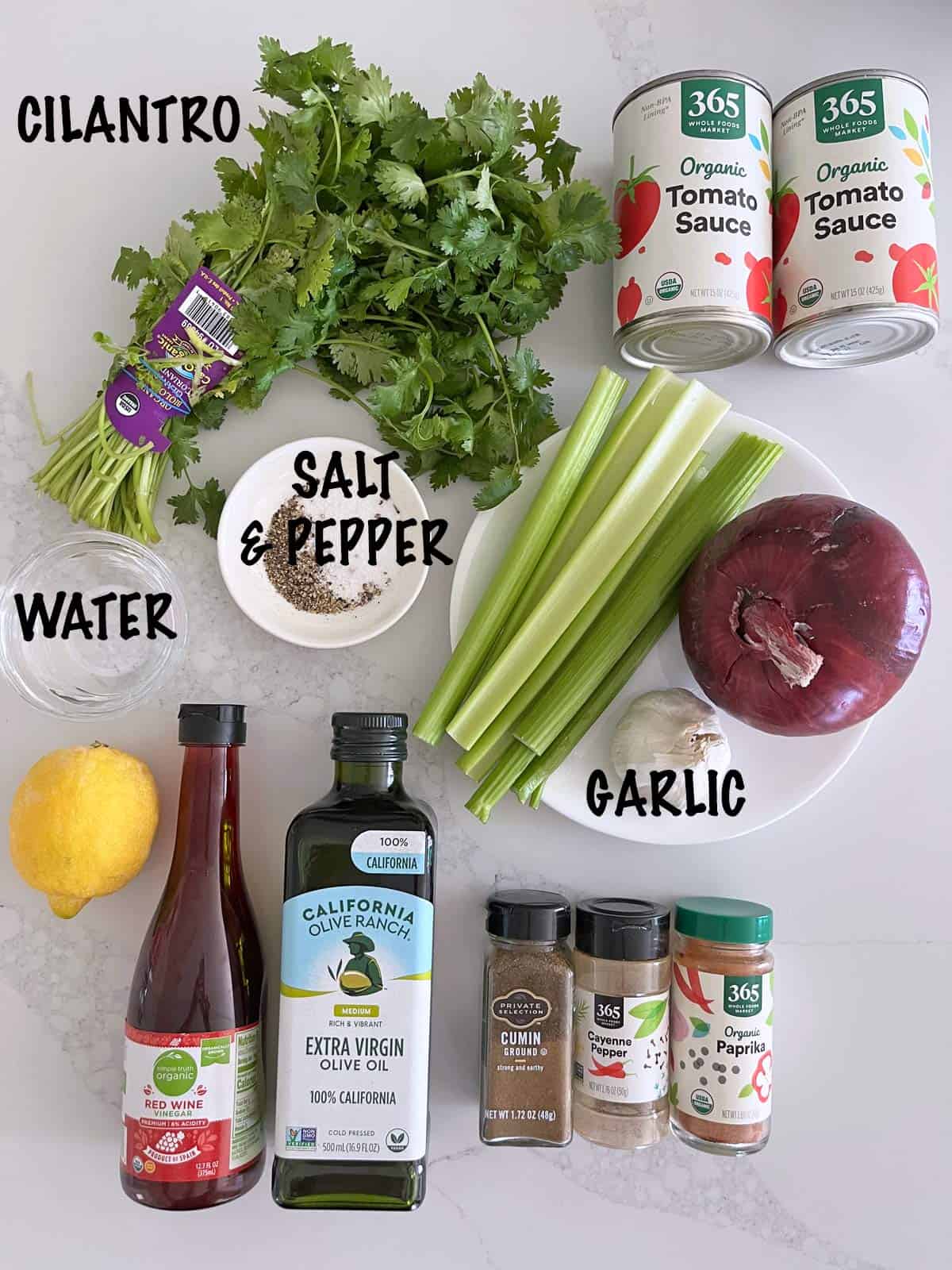 The ingredients needed to make gazpacho.