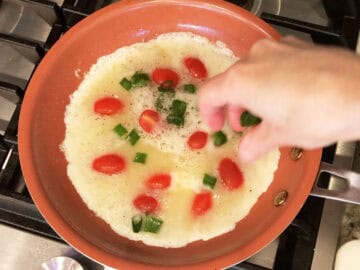 Adding veggies to the omelette.