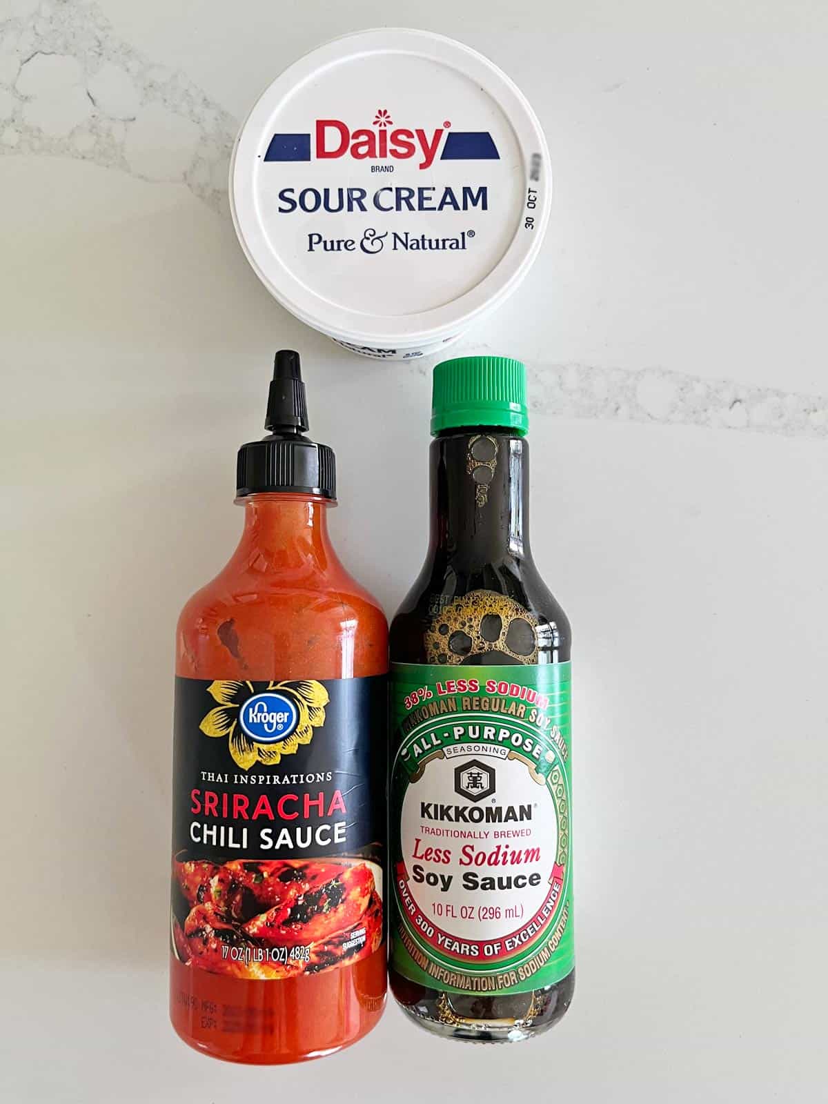 The ingredients needed to make the dipping sauce for cabbage pancakes.