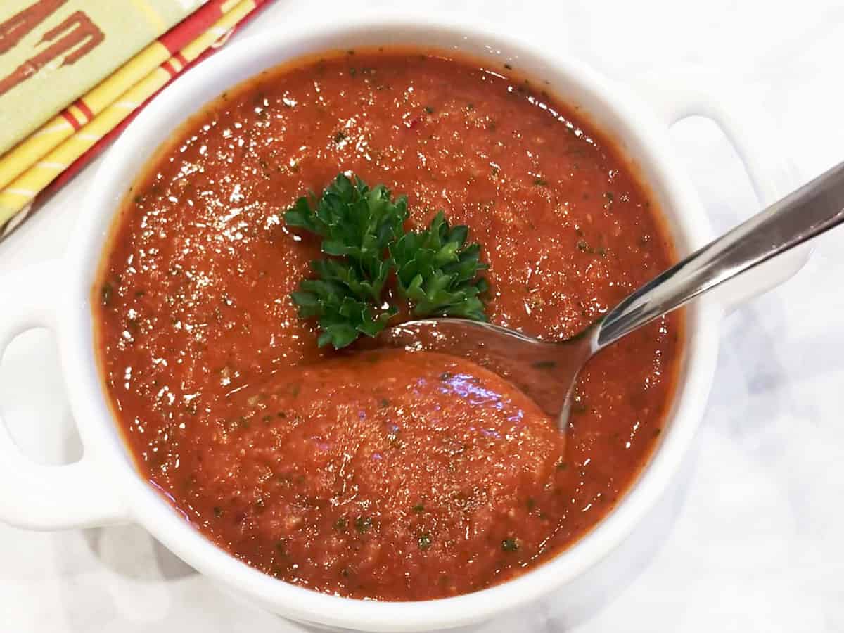 The gazpacho is served.