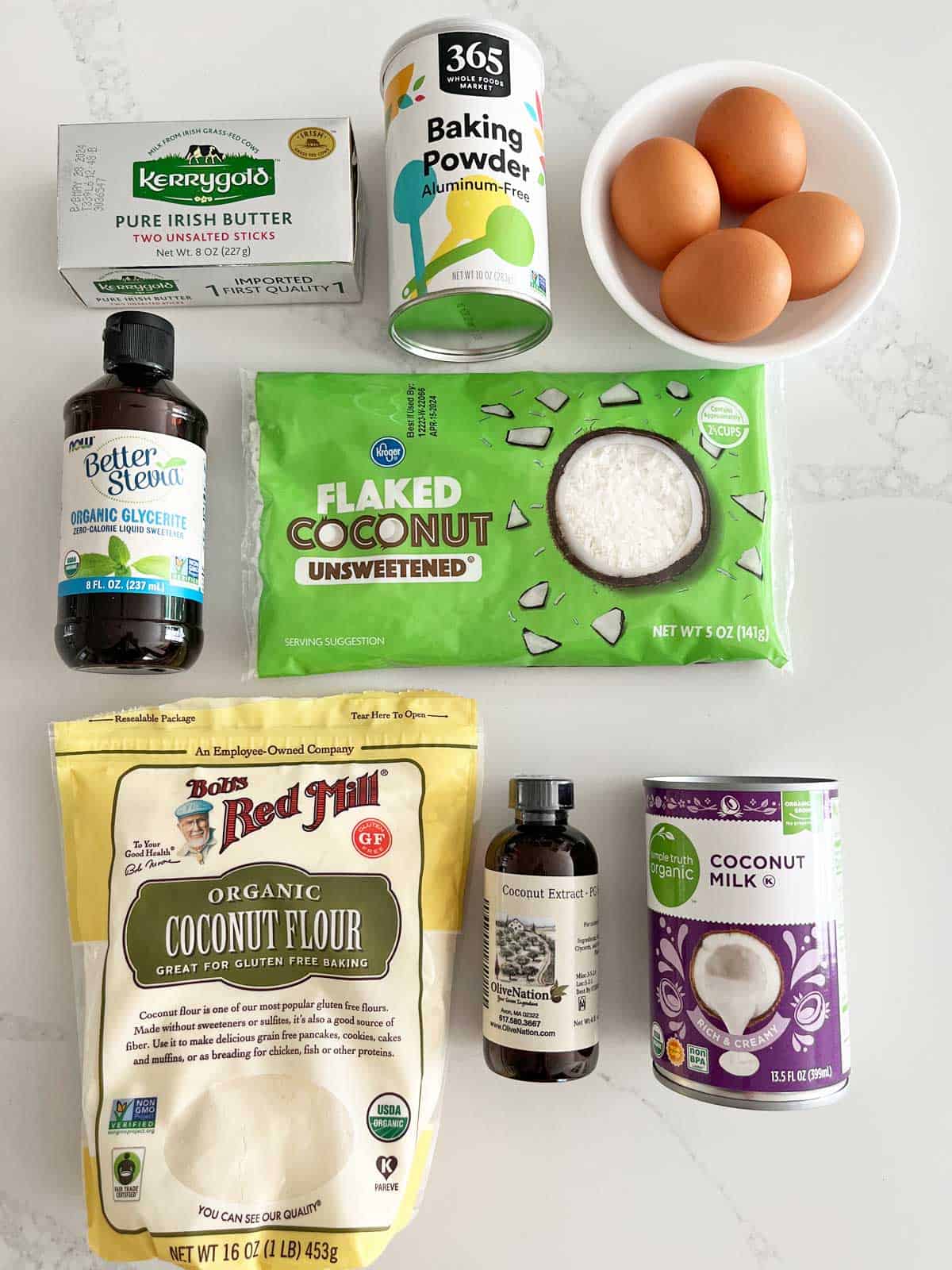The ingredients needed to make a keto coconut cake.