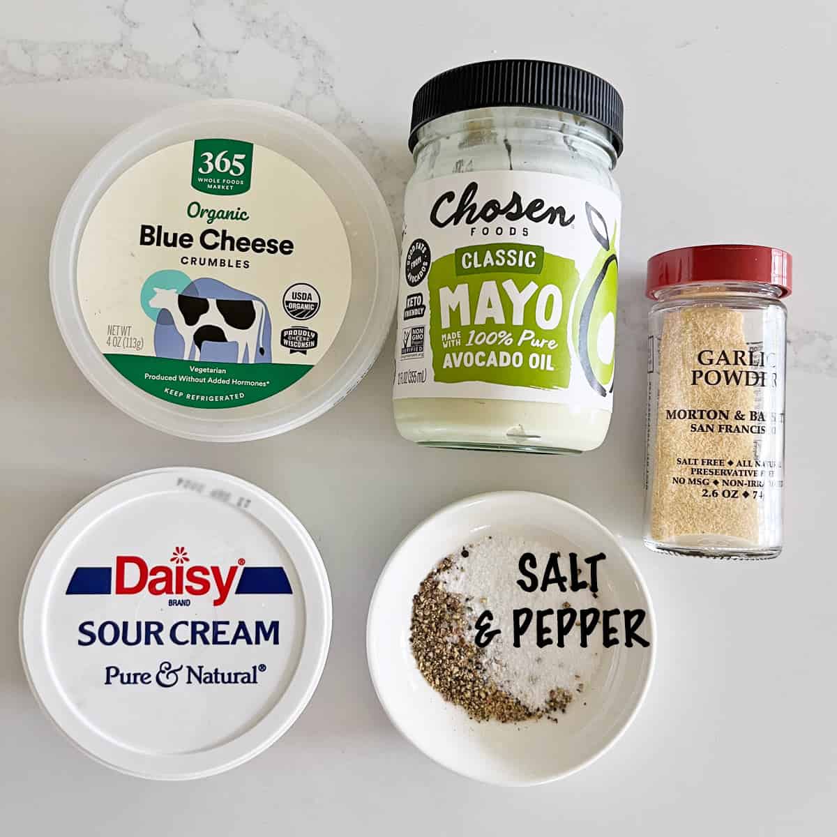The ingredients needed to make homemade blue cheese dressing.