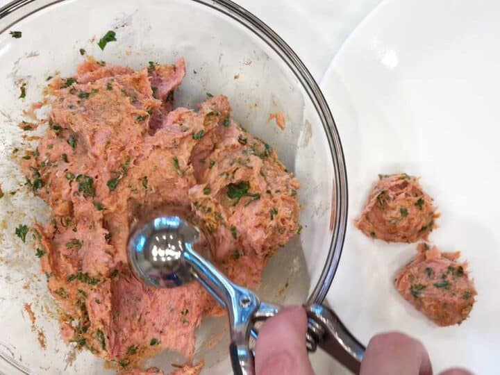Portioning the meatballs.