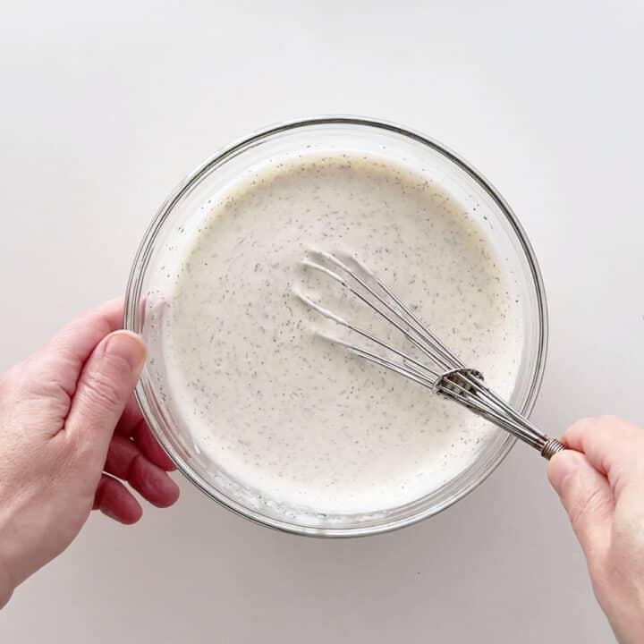 The dressing was whisked until smooth.