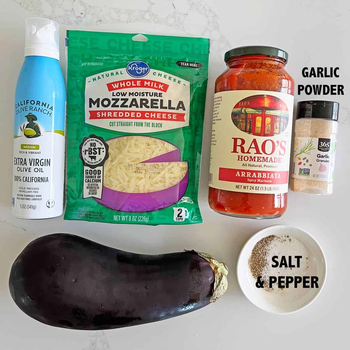 The ingredients needed to make eggplant pizza.