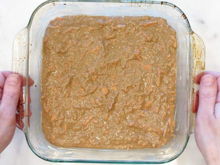 The cake is ready for the oven.