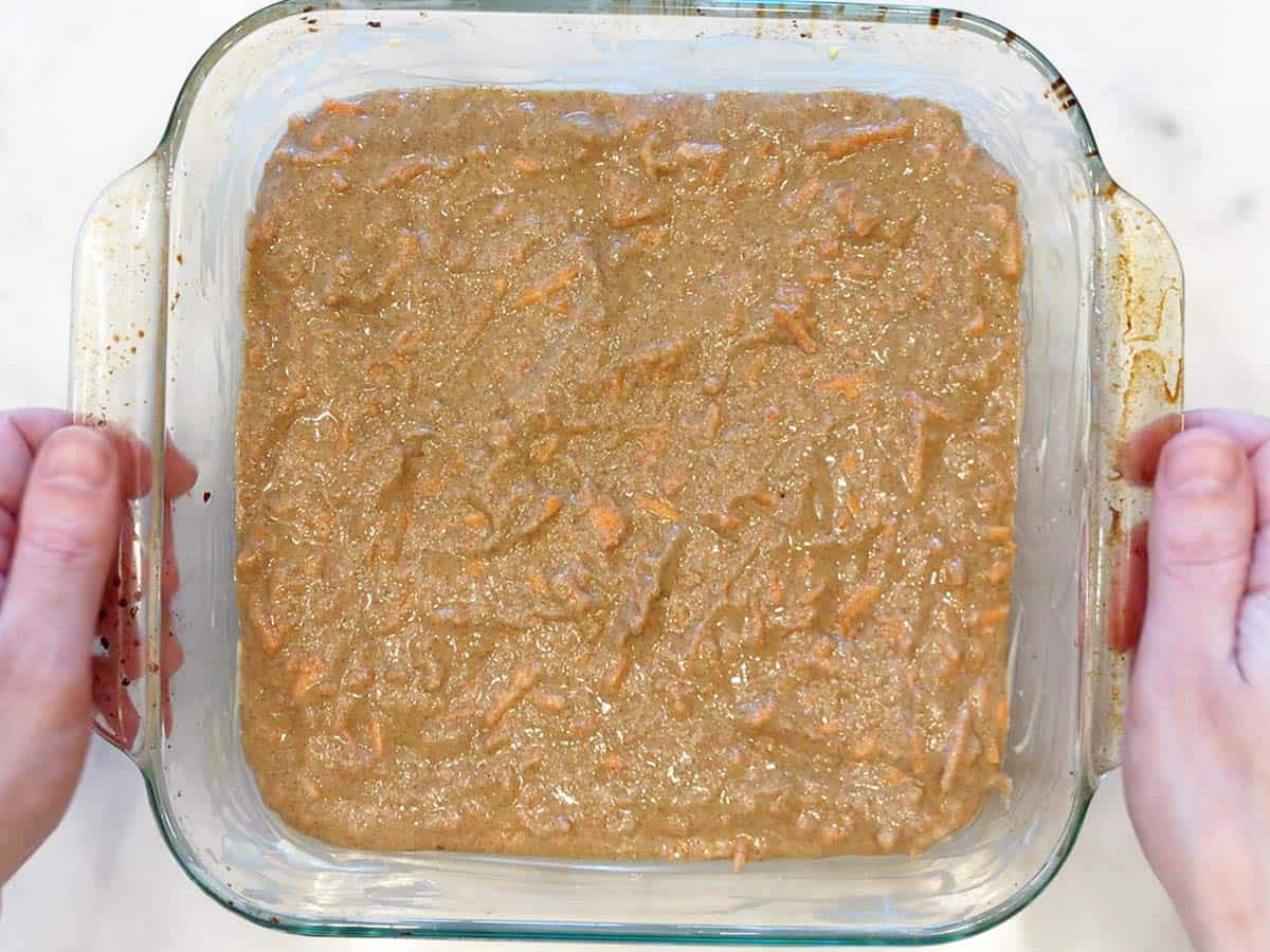 The cake is ready for the oven.