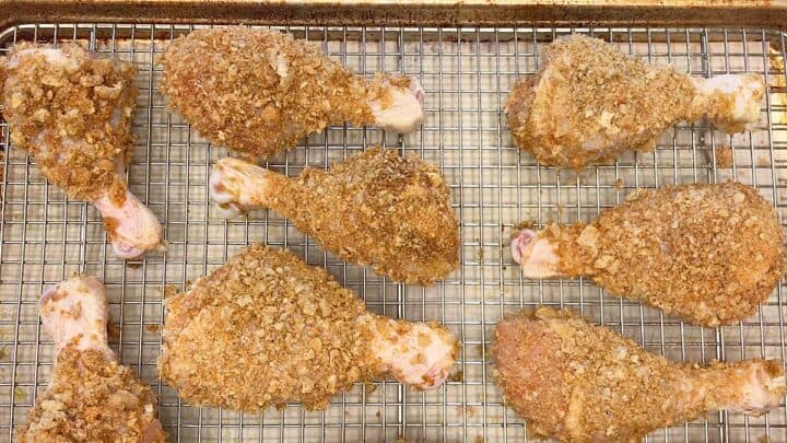 The coated chicken is on the pan and ready for the oven.