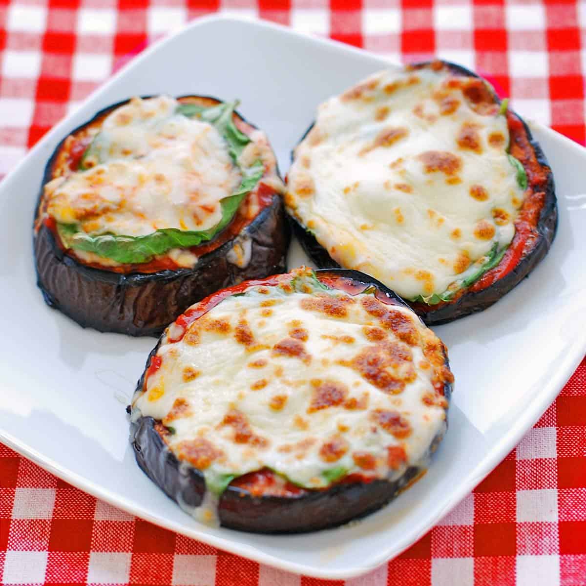 Eggplant pizza with fresh basil.