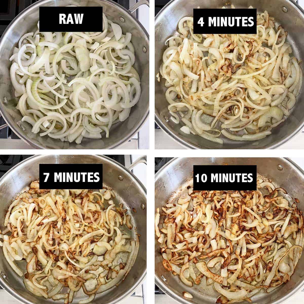 A four-photo collage showing the steps of sauteing onions, from raw to fully cooked.