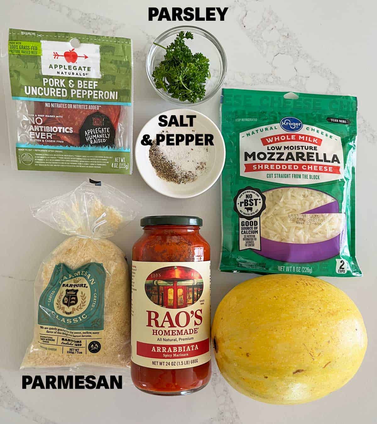 The ingredients needed to make spaghetti squash boats.