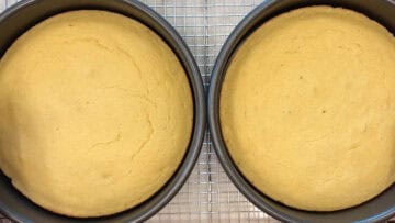 The two cake layers are ready in the pans.