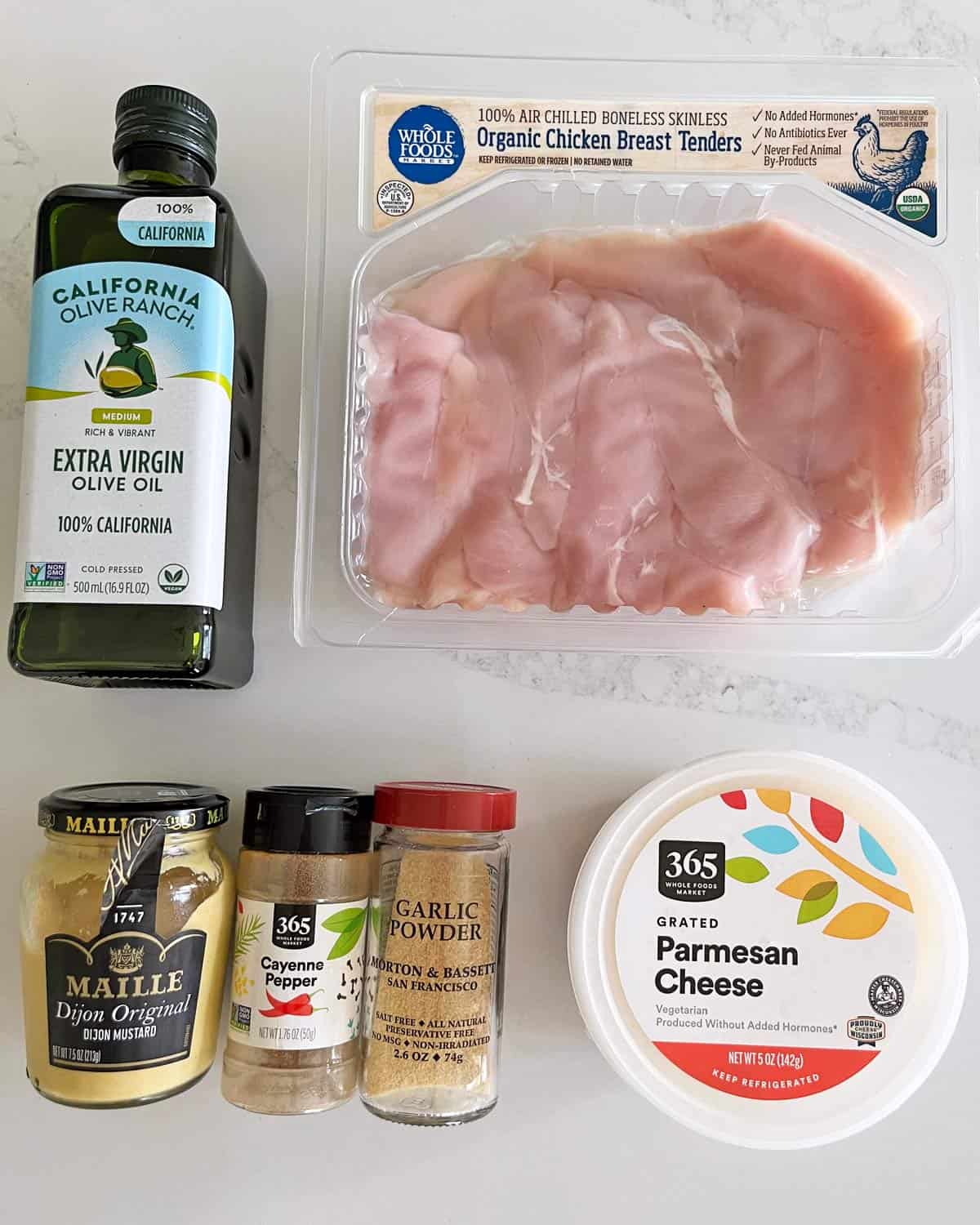 The ingredients needed to make Parmesan chicken tenders.