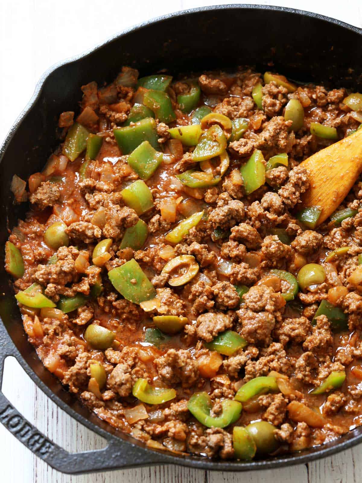 Cuban Picadillo is served in a cast-iron skillet.