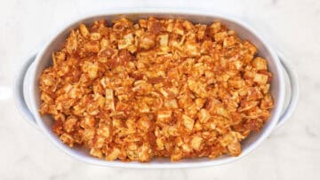 The casserole mixture was transferred to the baking dish.