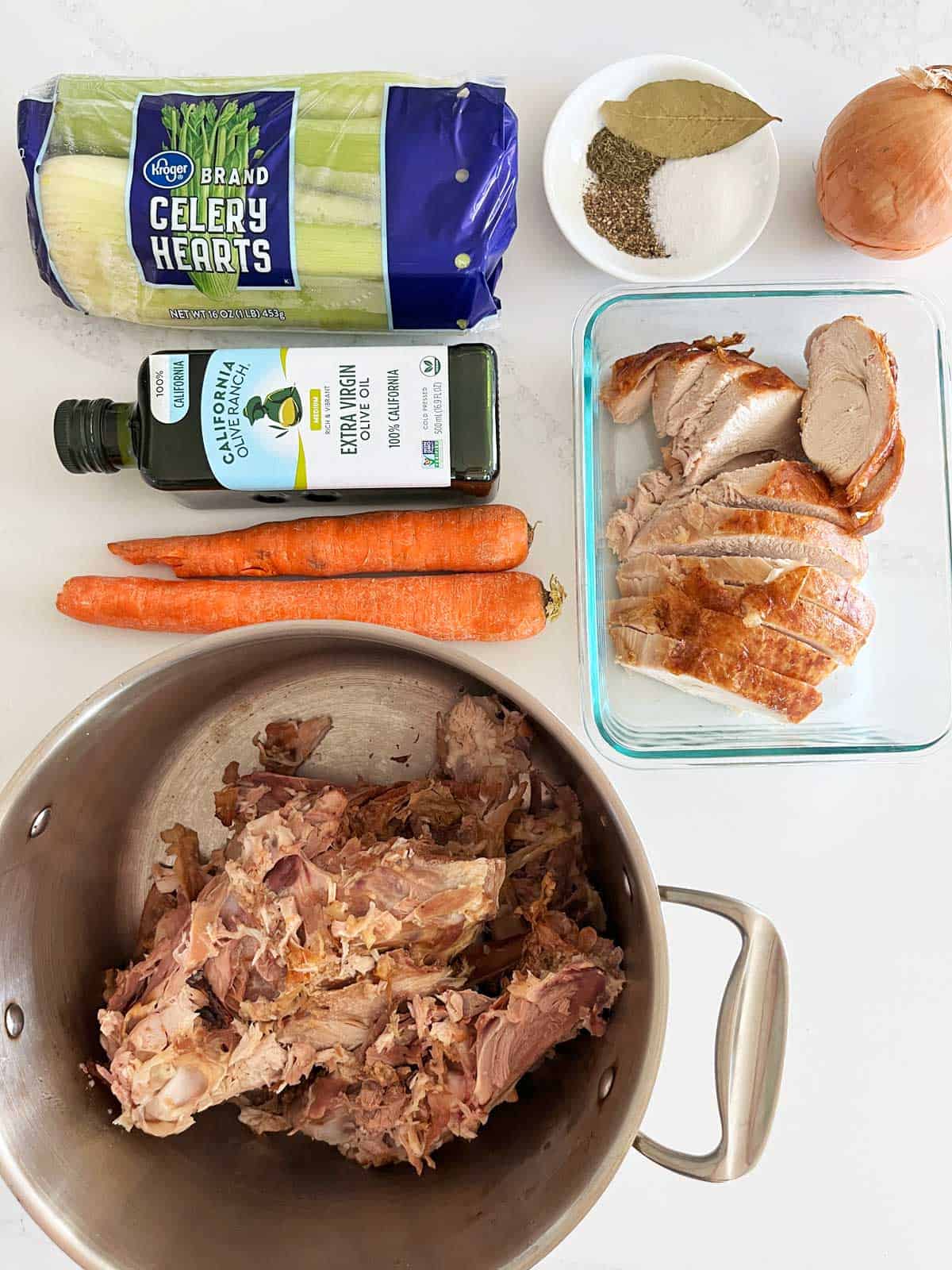 The ingredients needed to make turkey carcass soup.