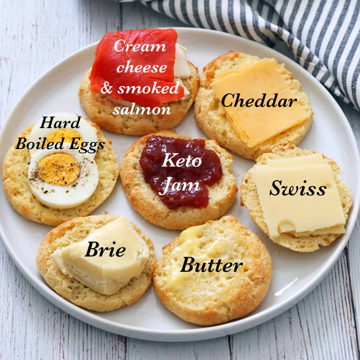 Keto biscuits with different toppings on a plate.