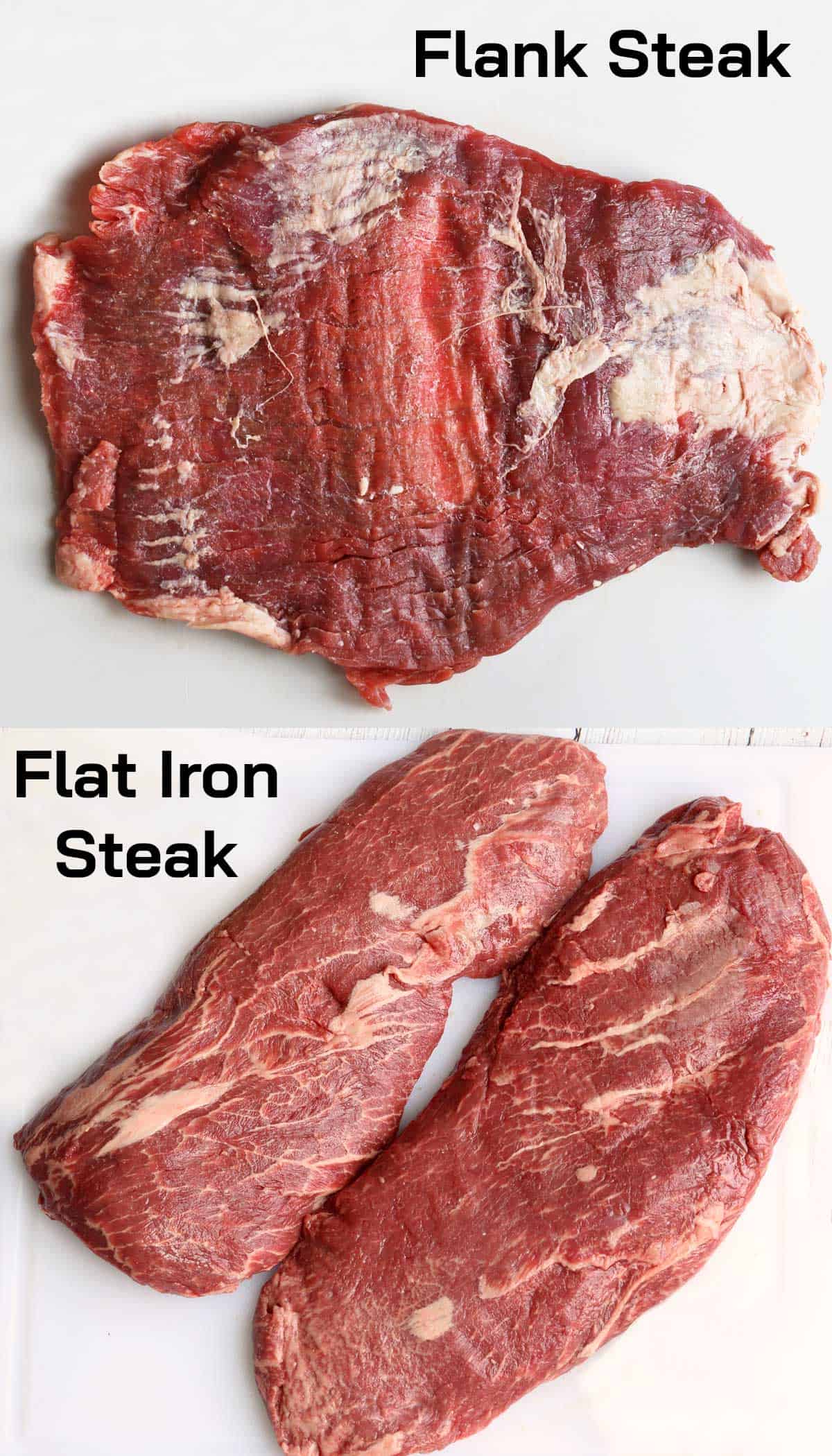 A two-photo collage showing the difference between a flank steak and flat iron steak.
