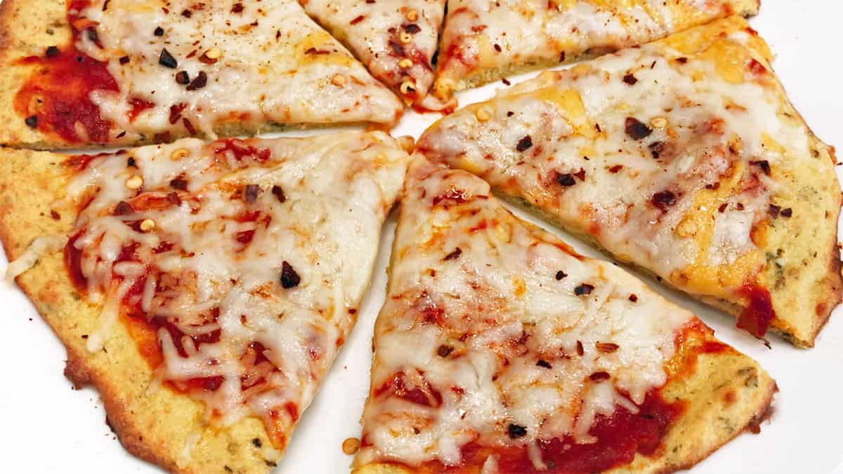 Coconut flour pizza with just cheese, no other toppings.