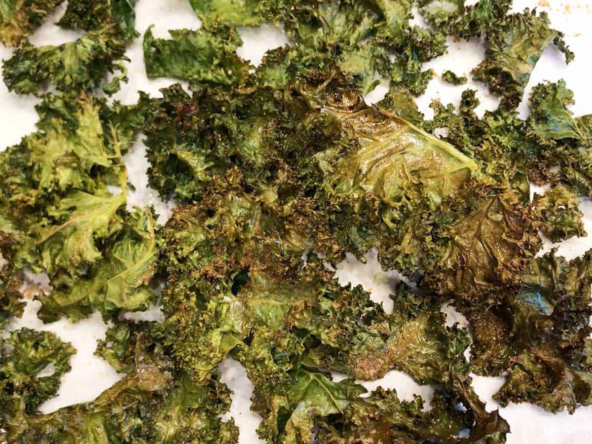 The kale chips are ready in the pan.
