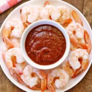 Sugar-free keto cocktail sauce is served with shrimp.
