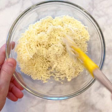 Mixing the filling in a bowl.