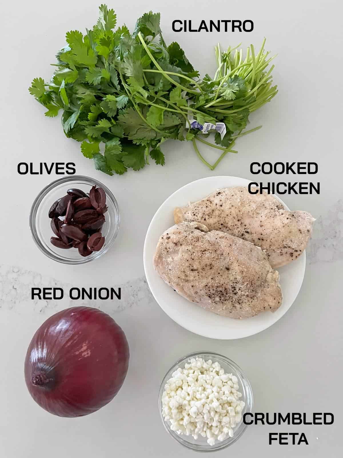 The ingredients needed for no mayo chicken salad.