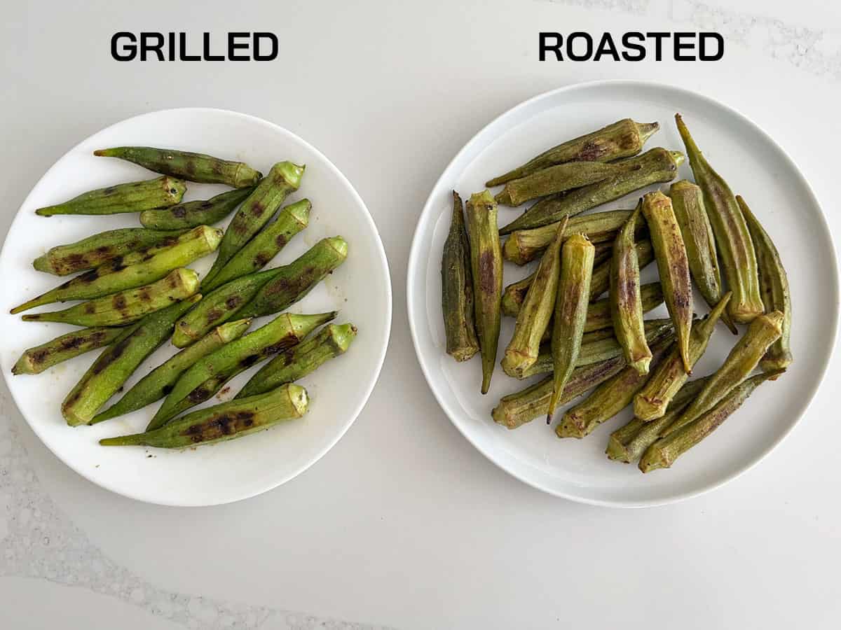 A plate of roasted okra next to a plate of grilled.