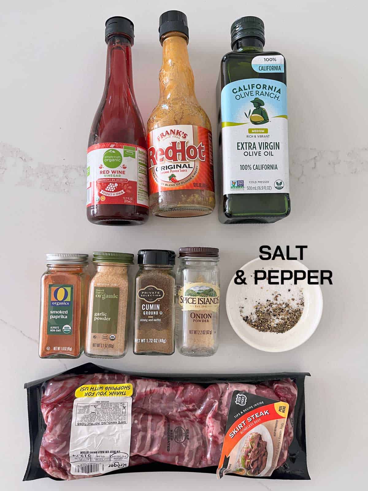 The ingredients needed to grill a skirt steak.