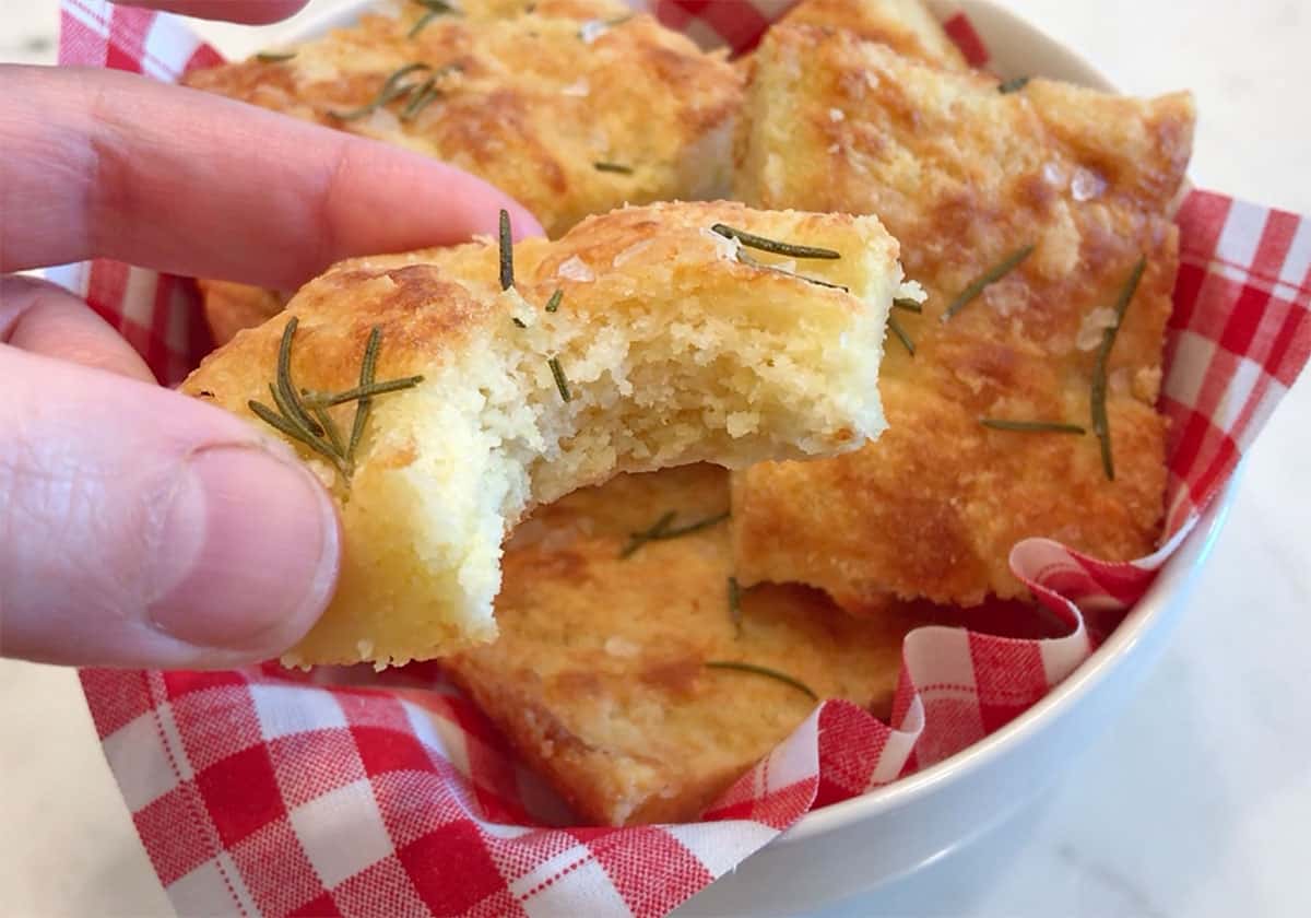Showing off the tender crumb of a keto focaccia.
