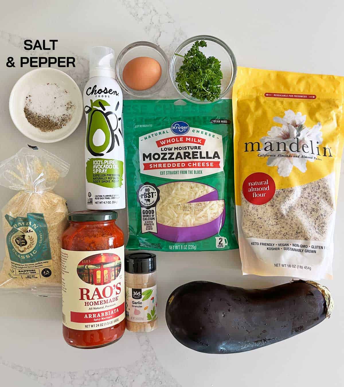 The ingredients needed to make keto eggplant parmesan.
