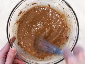 Mixing the liquid ingredients in a bowl.