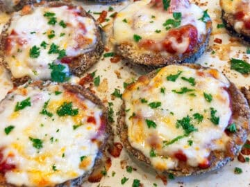 A closeup of the fully baked eggplant rounds.
