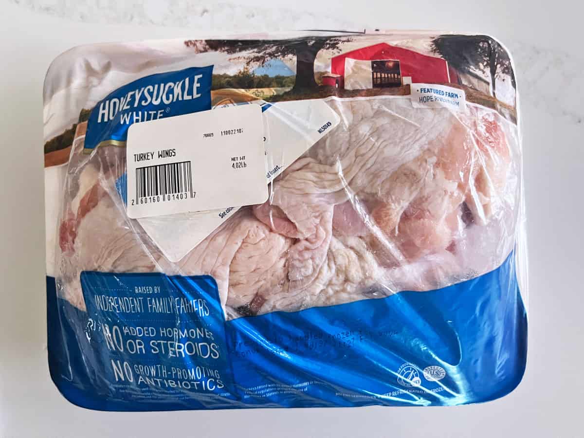 A supermarket package of turkey wings.