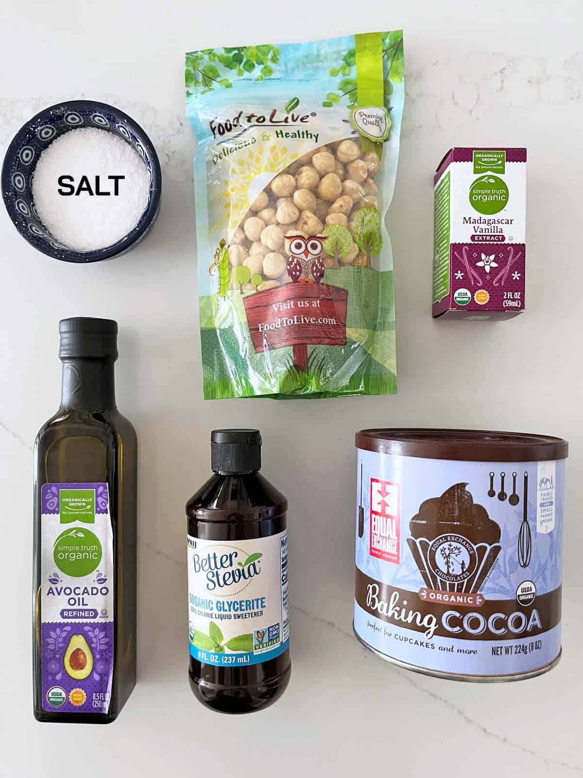 The ingredients needed to make a keto hazelnut spread.