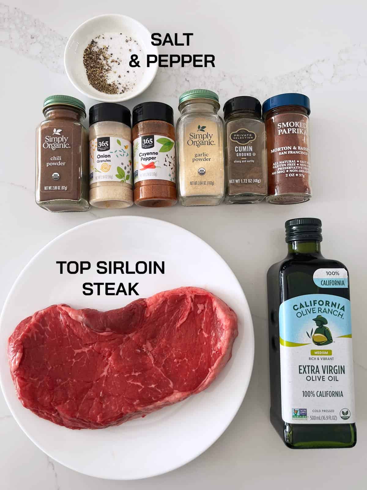 The ingredients needed to make beef kabobs.