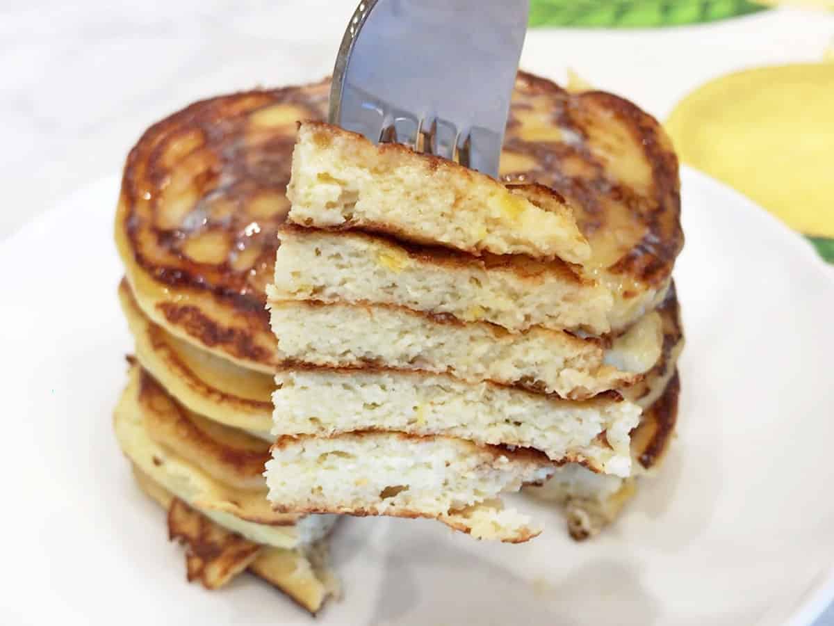 A fork showing the inside of the pancakes.