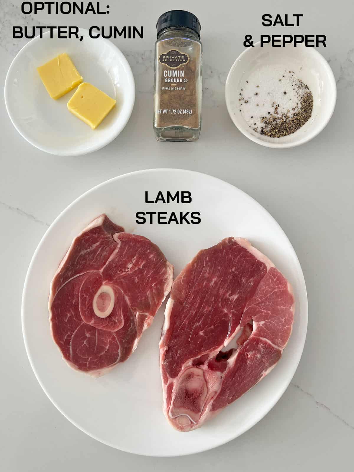 The ingredients needed to cook lamb steaks.