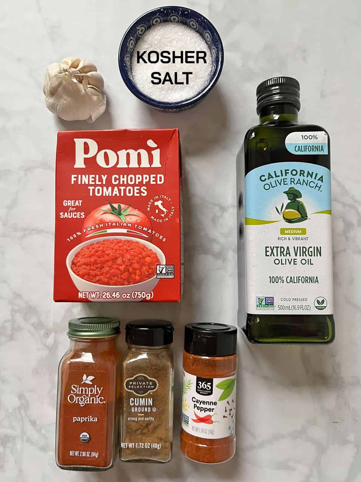 The ingredients needed to make the sauce for spicy meatballs.