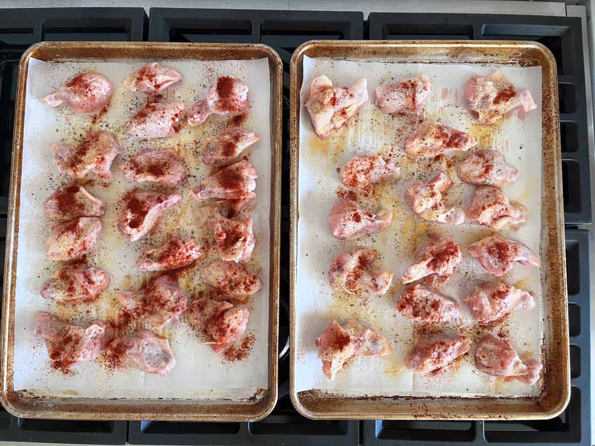 Using two pans for the wings.