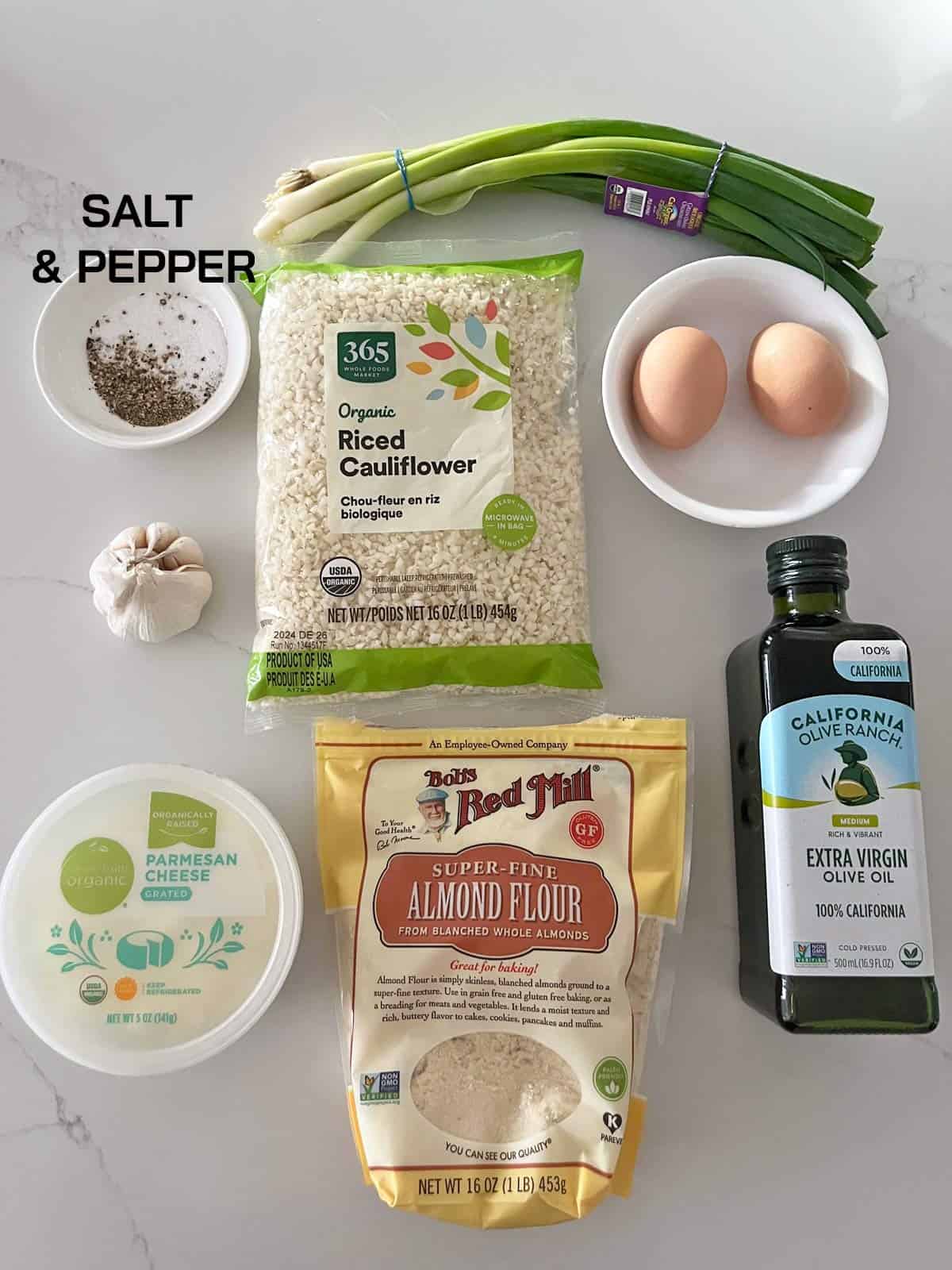 The ingredients needed for cauliflower fritters.