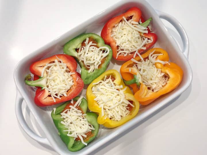 The peppers were stuffed and are ready for the oven.