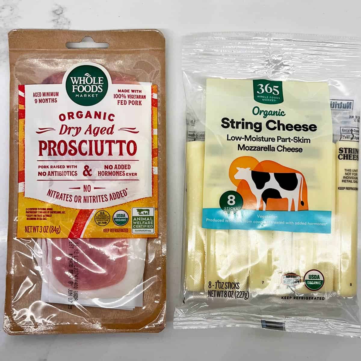 The ingredients needed to make prosciutto wrapped mozzarella.