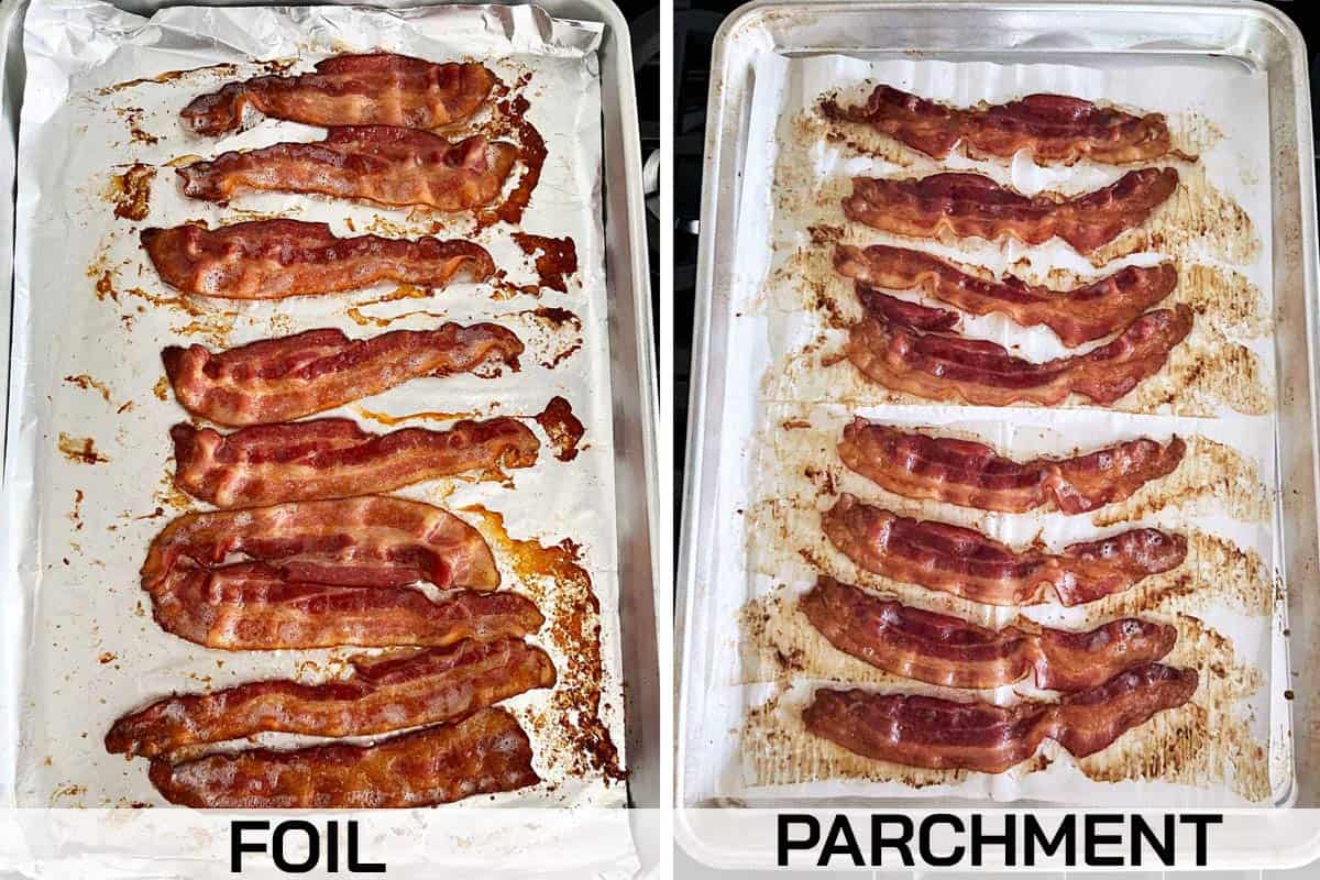 A comparison between bacon baked on foil and bacon baked on parchment.