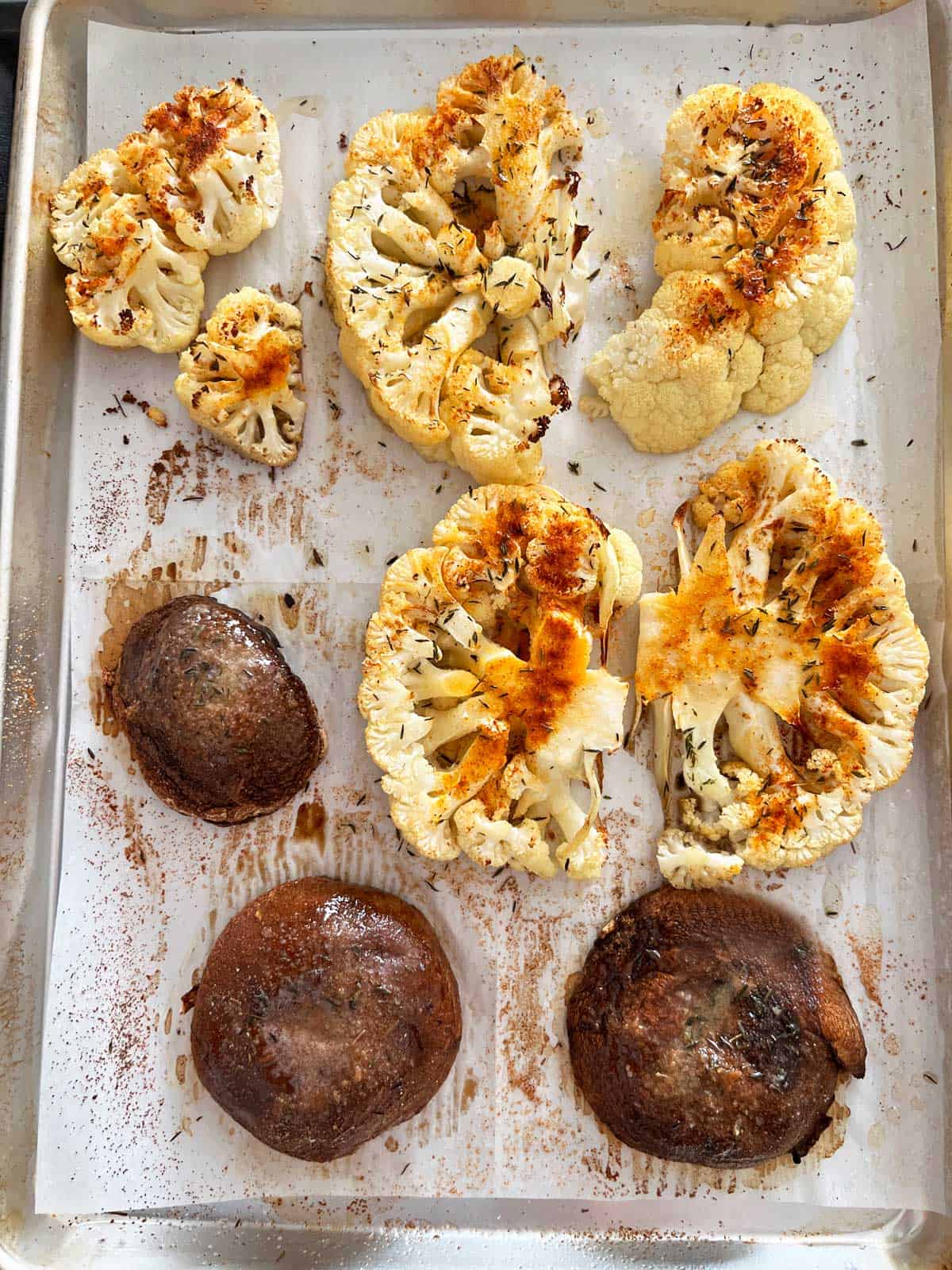 Cauliflower and portobellos were baked together in the same pan.