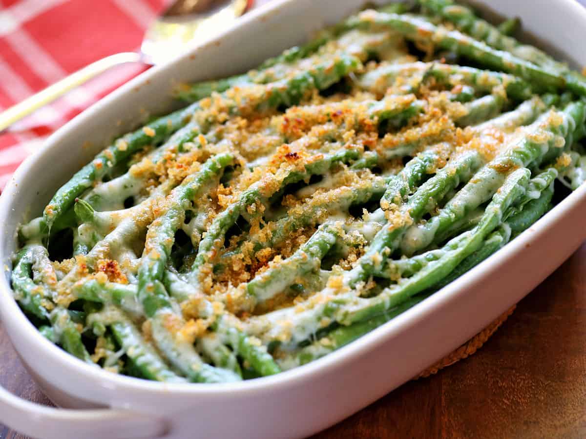 This casserole has whole green beans, no mushrooms, and half the cheese.