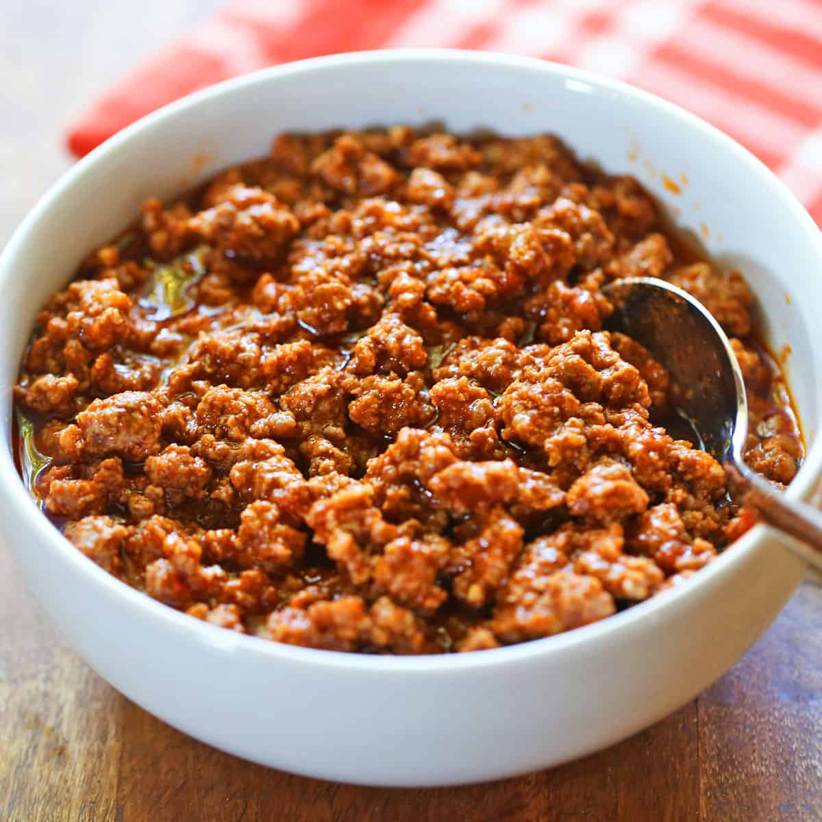 Keto sloppy joes are served in a white bowl.