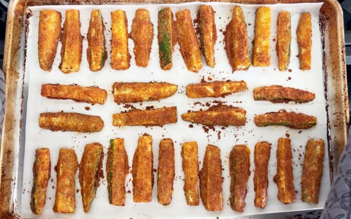 The fries are ready on the baking sheet.