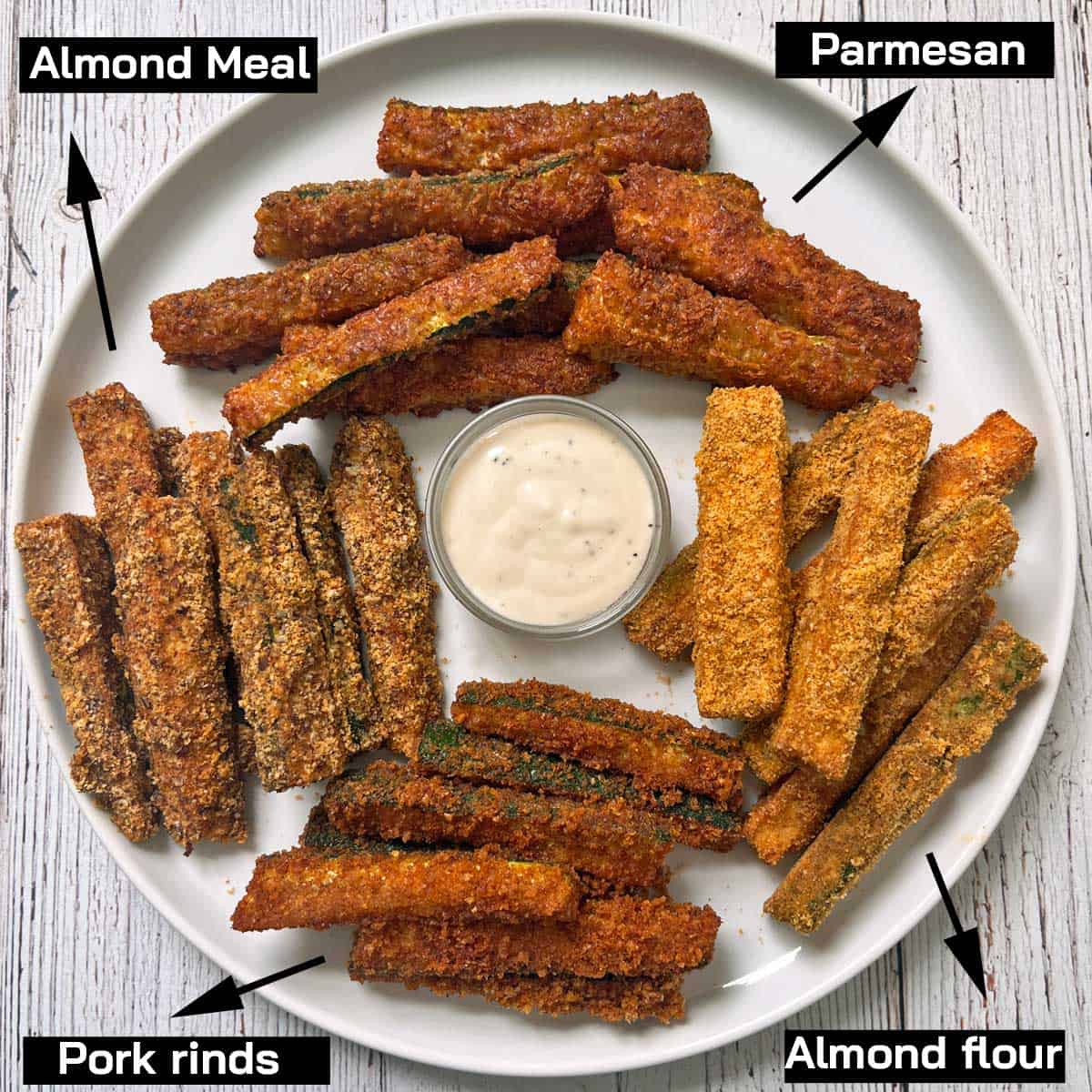 Zucchini fries on a plate, coated in four different coatings.